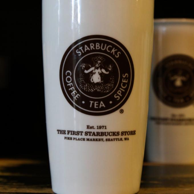 A souvenir mug from the first Starbucks near Seattle's Pike Place Market A souvenir mug from the first Starbucks near Seattle's Pike Place Market