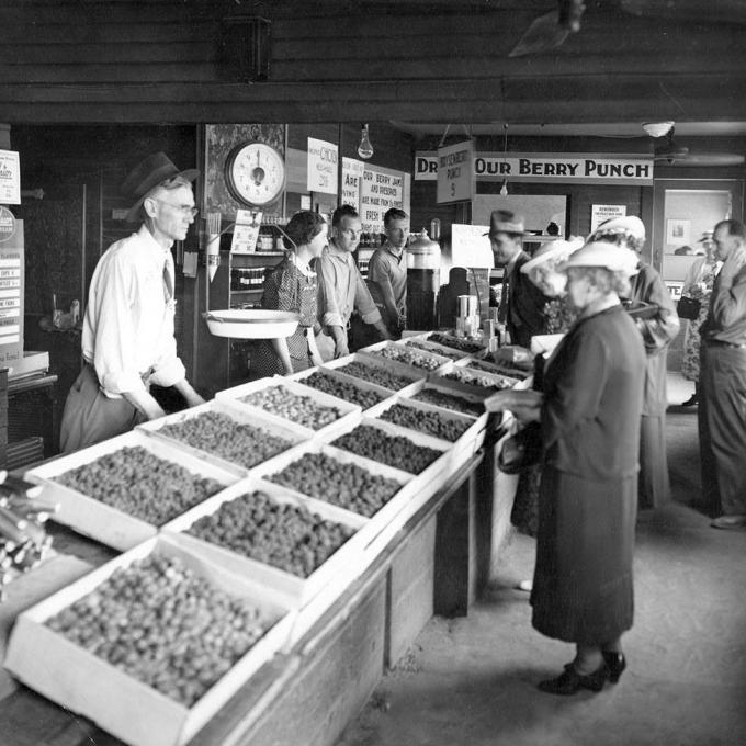 Historic photo of Walter Knott and Rudolph Boysen's farm stand Historic photo of Walter Knott and Rudolph Boysen's farm stand