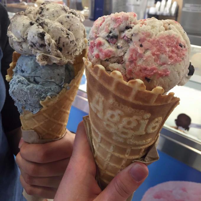 Two tempting cones of Aggie Ice Cream, made fresh at Utah State University in Logan Two tempting cones of Aggie Ice Cream, made fresh at Utah State University in Logan