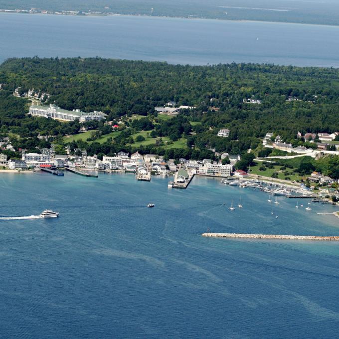 Bird’s-eye view of Mackinac Island, where cars are not permitted Bird’s-eye view of Mackinac Island, where cars are not permitted