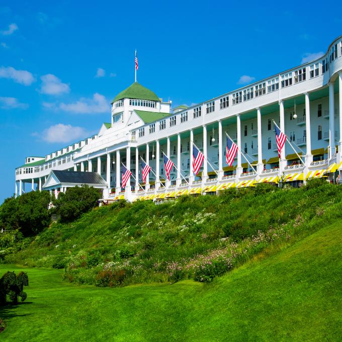 View of the iconic front porch of Mackinac Island’s Grand Hotel View of the iconic front porch of Mackinac Island’s Grand Hotel