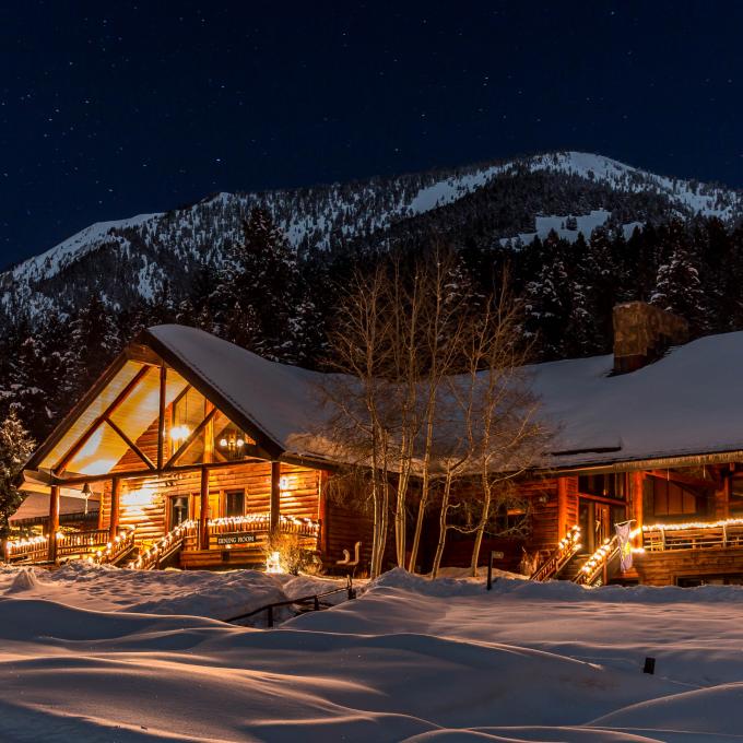 Lone Mountain Ranch illuminated at night in Big Sky, Montana Lone Mountain Ranch illuminated at night in Big Sky, Montana