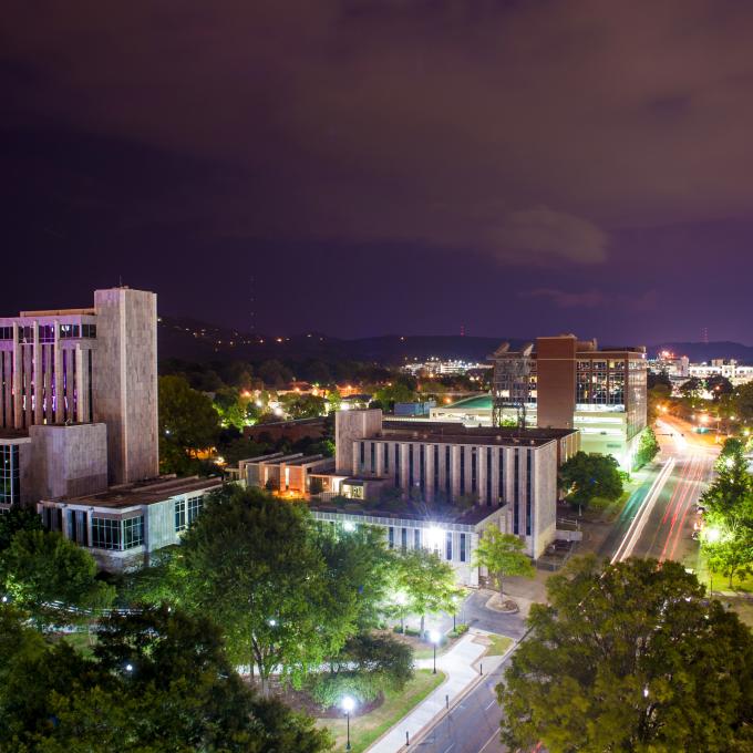 An aerial view of downtown Huntsville at night An aerial view of downtown Huntsville at night