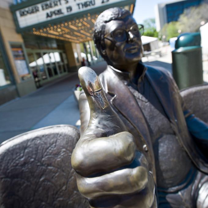 The Roger Ebert ‘thumbs up’ statue outside the Virginia Theatre in Champaign, Illinois The Roger Ebert ‘thumbs up’ statue outside the Virginia Theatre in Champaign, Illinois