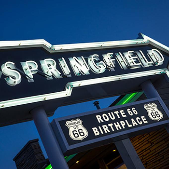 A neon sign recognizing Springfield, Missouri, as the birthplace of Route 66 A neon sign recognizing Springfield, Missouri, as the birthplace of Route 66