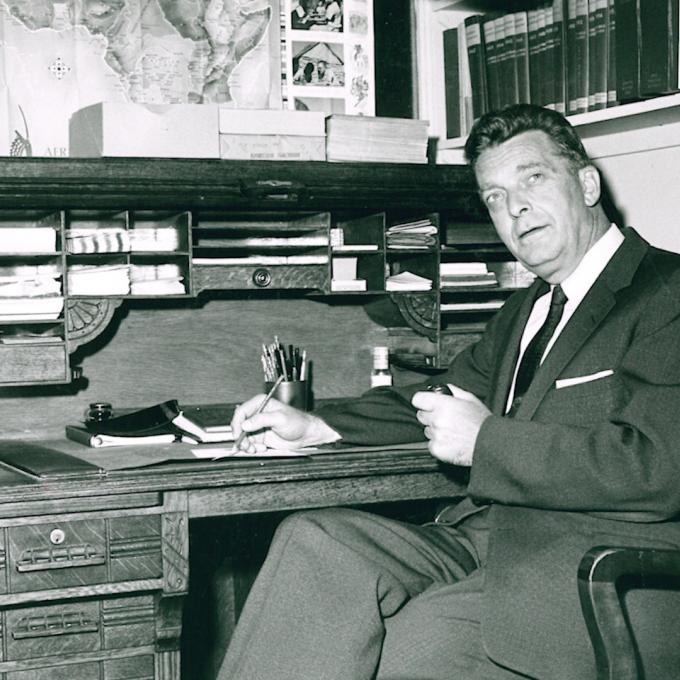 Chet Huntley, the founder of Big Sky, Montana, at his rolltop desk Chet Huntley, the founder of Big Sky, Montana, at his rolltop desk