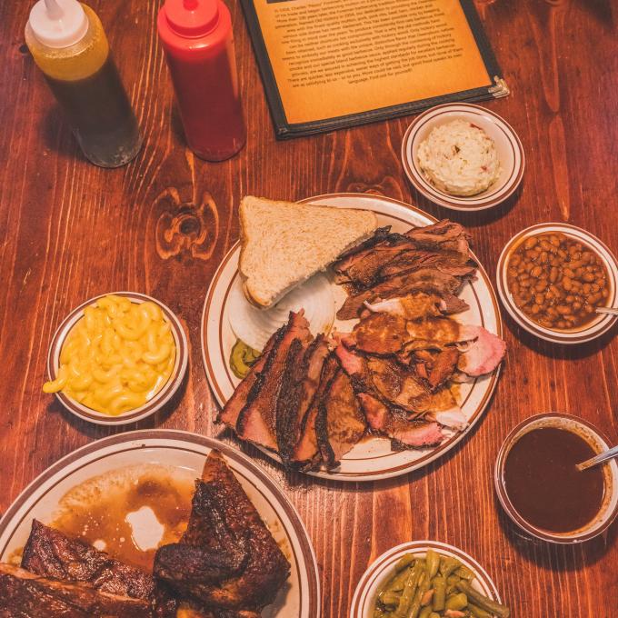 Plates of mutton barbecue and sides in Owensboro, Kentucky Plates of mutton barbecue and sides in Owensboro, Kentucky