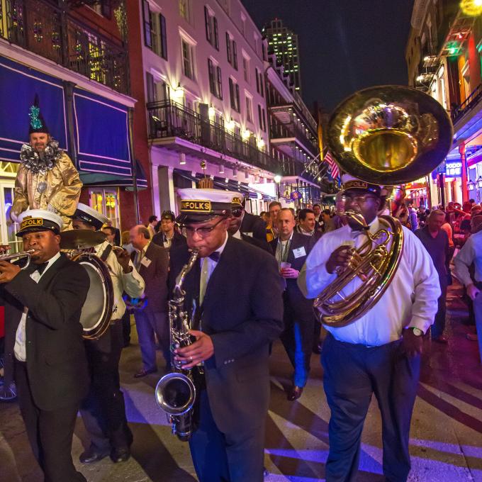 A second line parade in New Orleans, Louisiana A second line parade in New Orleans, Louisiana