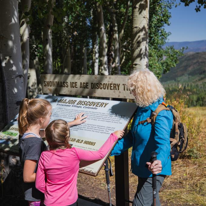 Interpretive sign on a nature trail near the Ice Age Discovery Center in Snowmass, Colorado Interpretive sign on a nature trail near the Ice Age Discovery Center in Snowmass, Colorado