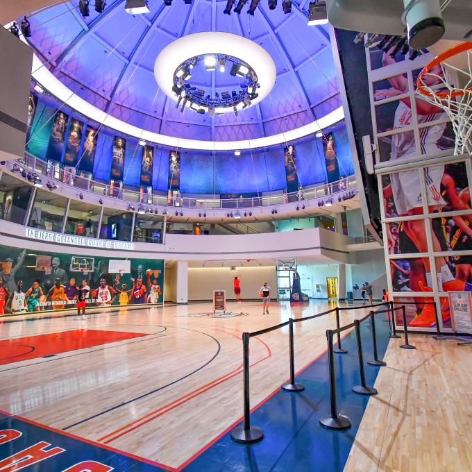 Hoop Hall at the Naismith Memorial Basketball Hall of Fame in Springfield, Massachusetts Hoop Hall at the Naismith Memorial Basketball Hall of Fame in Springfield, Massachusetts
