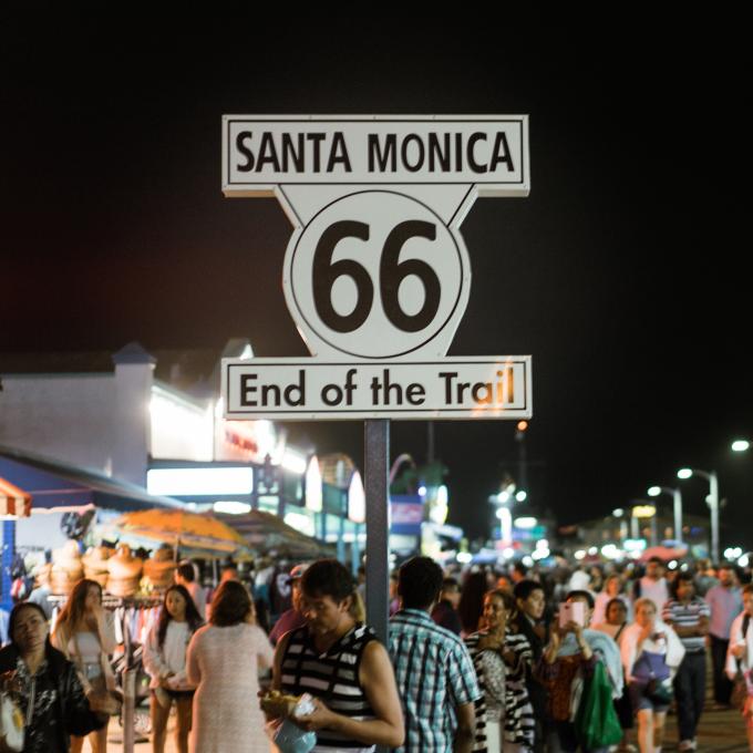 Route 66 marker on the Santa Monica Pier in California Route 66 marker on the Santa Monica Pier in California