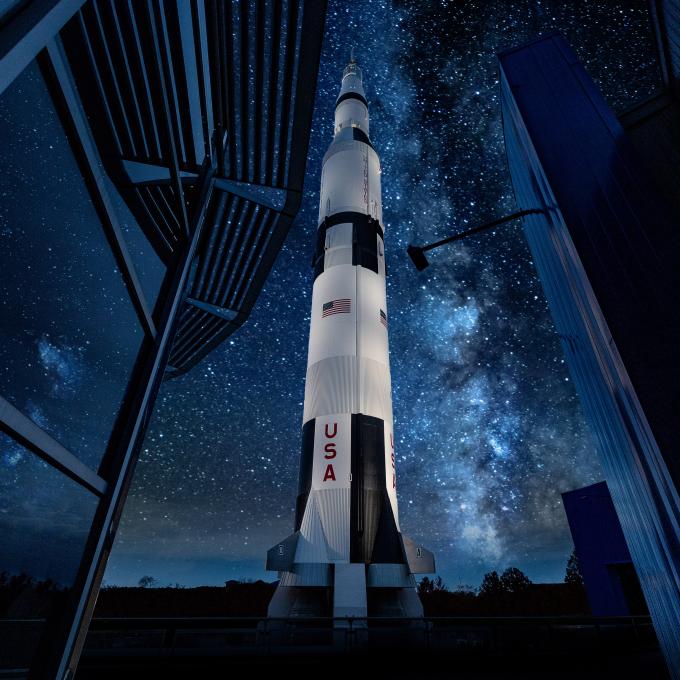 Starry night skies framing the Saturn V rocket in Huntsville, Alabama Starry night skies framing the Saturn V rocket in Huntsville, Alabama