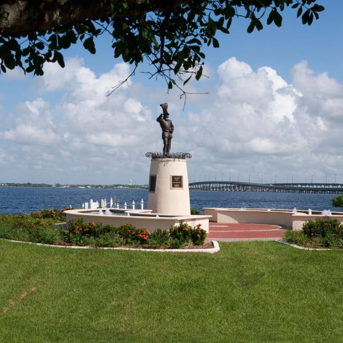 A statue of Ponce de Leon overlooks Gilchrist Park in Punta Gorda, Florida A statue of Ponce de Leon overlooks Gilchrist Park in Punta Gorda, Florida