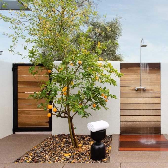 Orange tree near an outdoor shower at Albers House at Andaz Scottsdale Resort & Bungalows in Arizona Orange tree near an outdoor shower at Albers House at Andaz Scottsdale Resort & Bungalows in Arizona