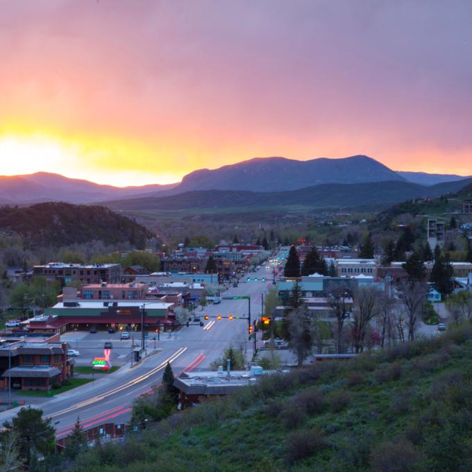 Aerial view of downtown Steamboat Springs, Colorado, at sunset Aerial view of downtown Steamboat Springs, Colorado, at sunset