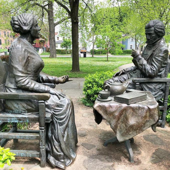 The statue Let's Have Tea in Rochester, New York, depicts activists Susan B. Anthony and Frederick Douglass The statue Let's Have Tea in Rochester, New York, depicts activists Susan B. Anthony and Frederick Douglass