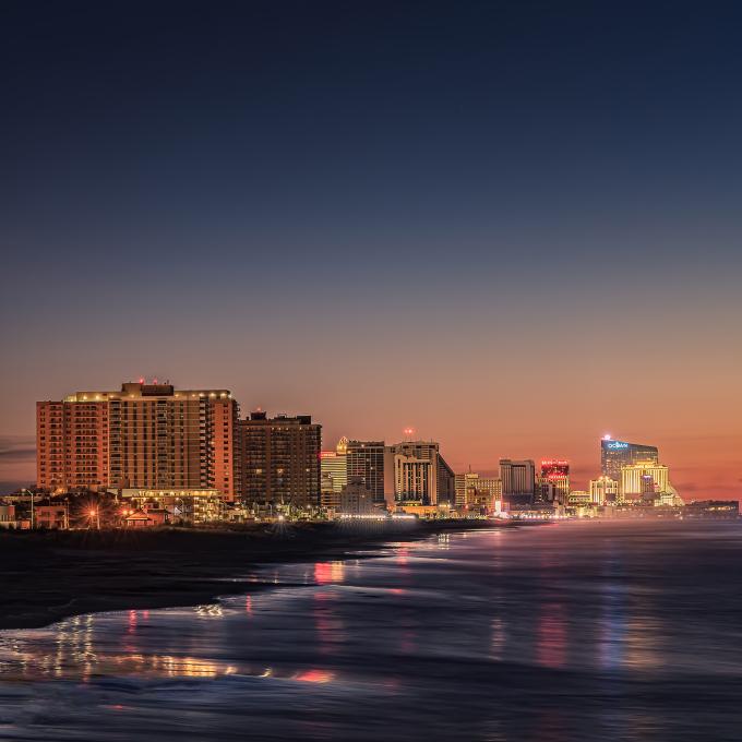 Evening view of Atlantic City from the shoreline Evening view of Atlantic City from the shoreline