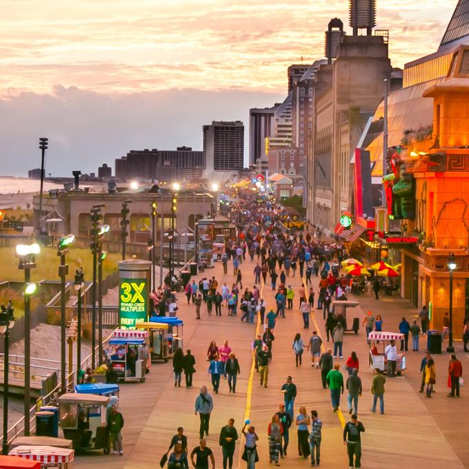 Aerial view of the Atlantic City Boardwalk at sunset Aerial view of the Atlantic City Boardwalk at sunset