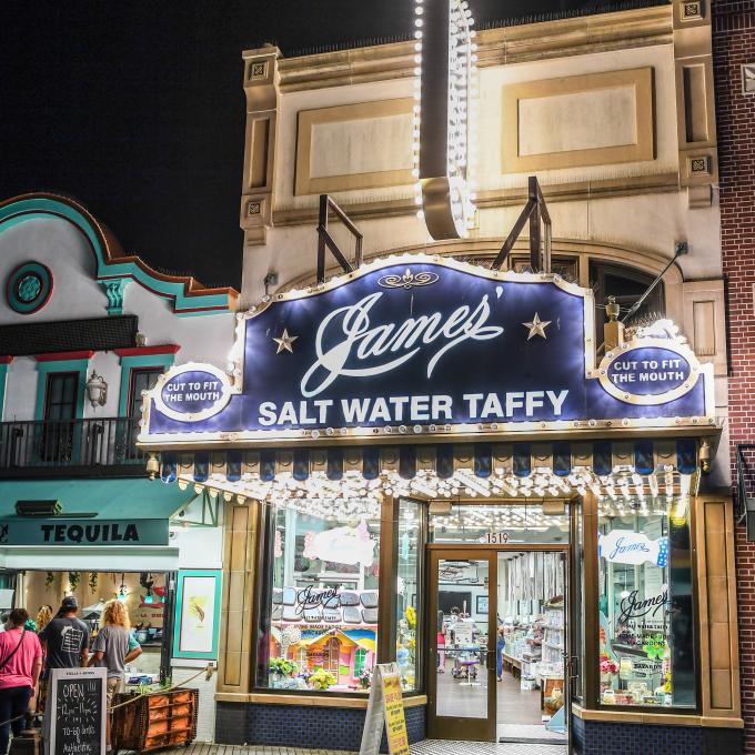 The illuminated exterior of James’ Saltwater Taffy in Atlantic City The illuminated exterior of James’ Saltwater Taffy in Atlantic City