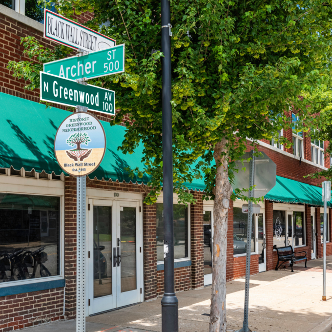 The historic Greenwood District, known as Black Wall Street, in Tulsa, Oklahoma The historic Greenwood District, known as Black Wall Street, in Tulsa, Oklahoma