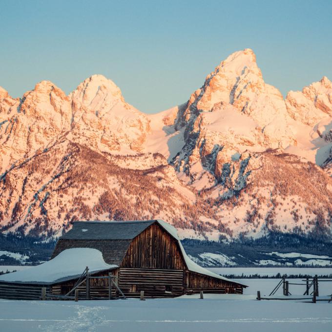A snowy scene near Grand Teton National Park in Wyoming