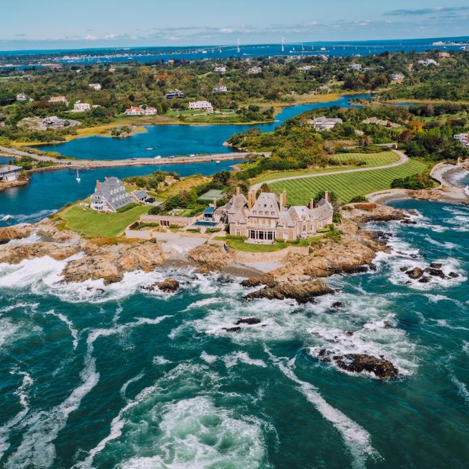 Aerial view of a waterfront estate in Newport, Rhode Island