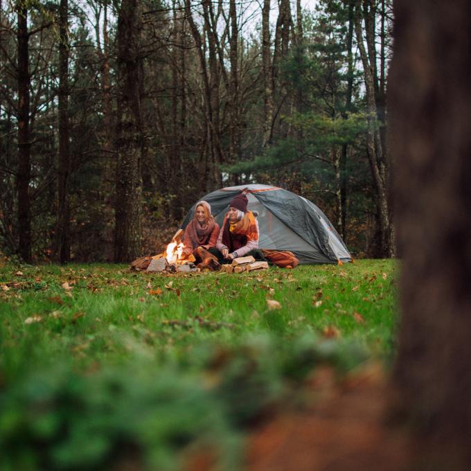 Two friends camping at Whitaker Campground on Snowshoe Mountain, West Virginia