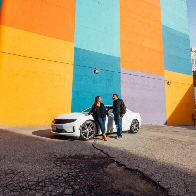 Posing in front of mural art in Detroit, Michigan