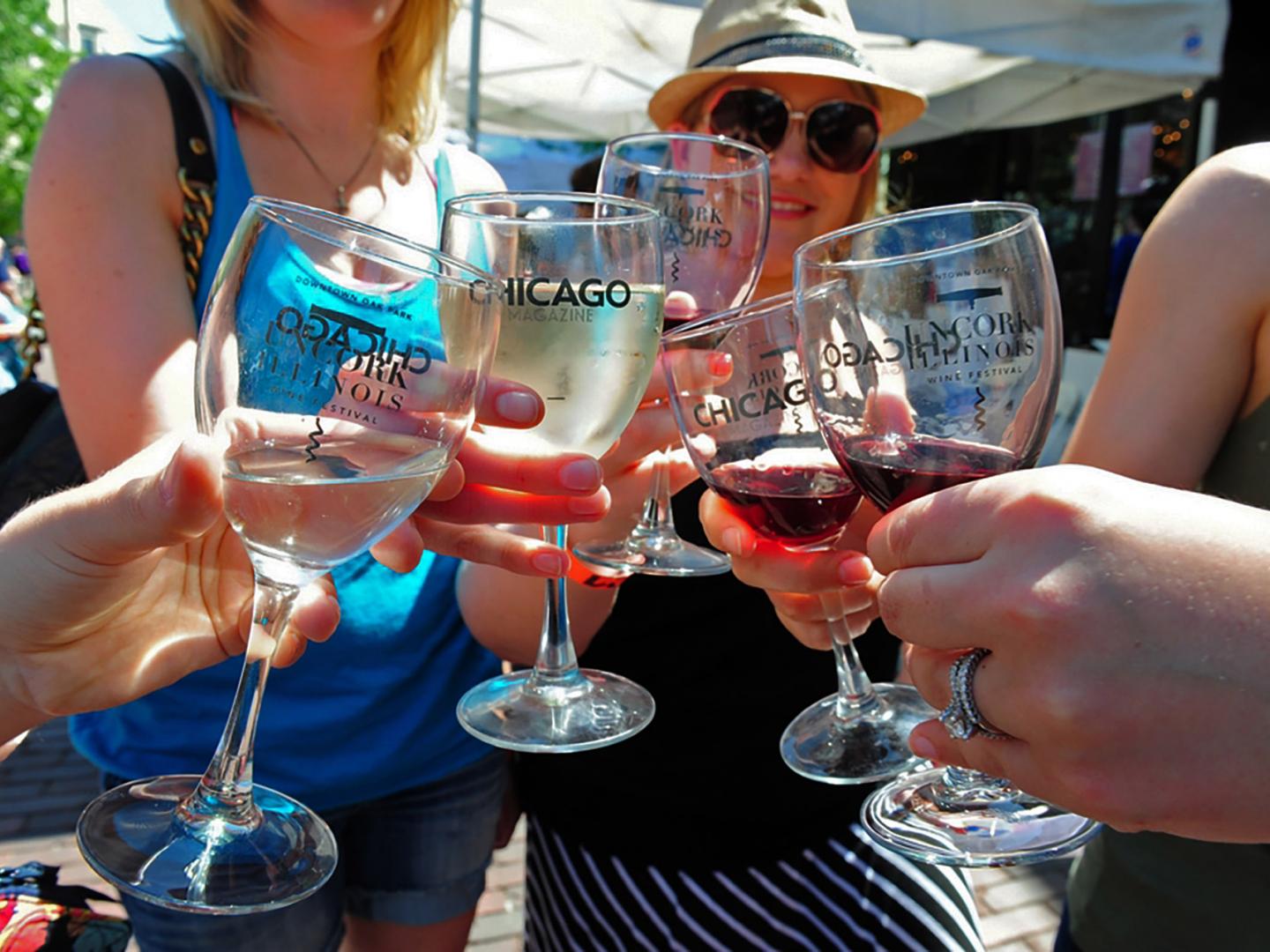 Ein Toast mit Freunden auf das Wein-Event Uncork Illinois Ein Toast mit Freunden auf das Wein-Event Uncork Illinois