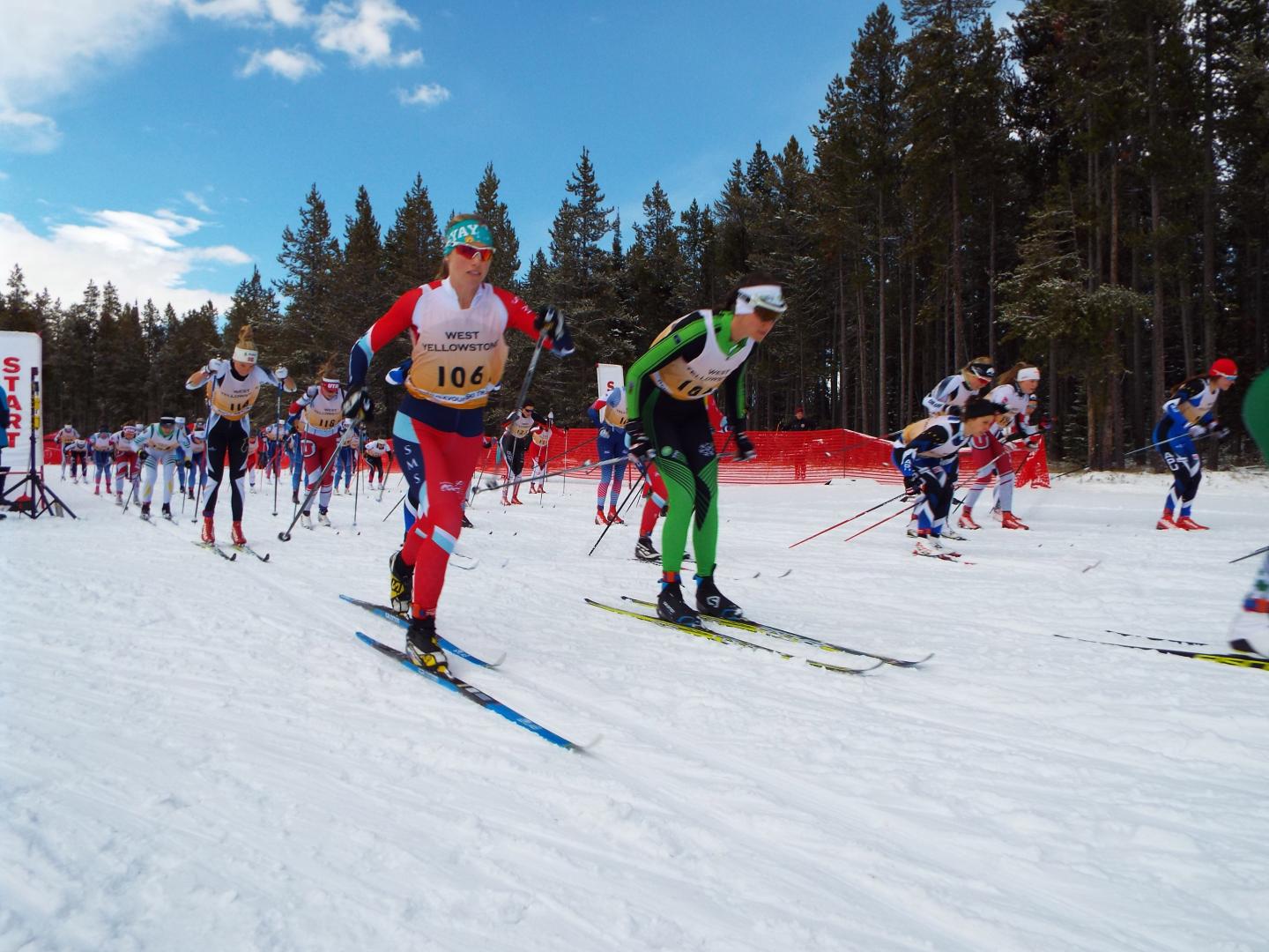 A cross-country skiing race during the Yellowstone Ski Festival in West Yellowstone, Montana A cross-country skiing race during the Yellowstone Ski Festival in West Yellowstone, Montana