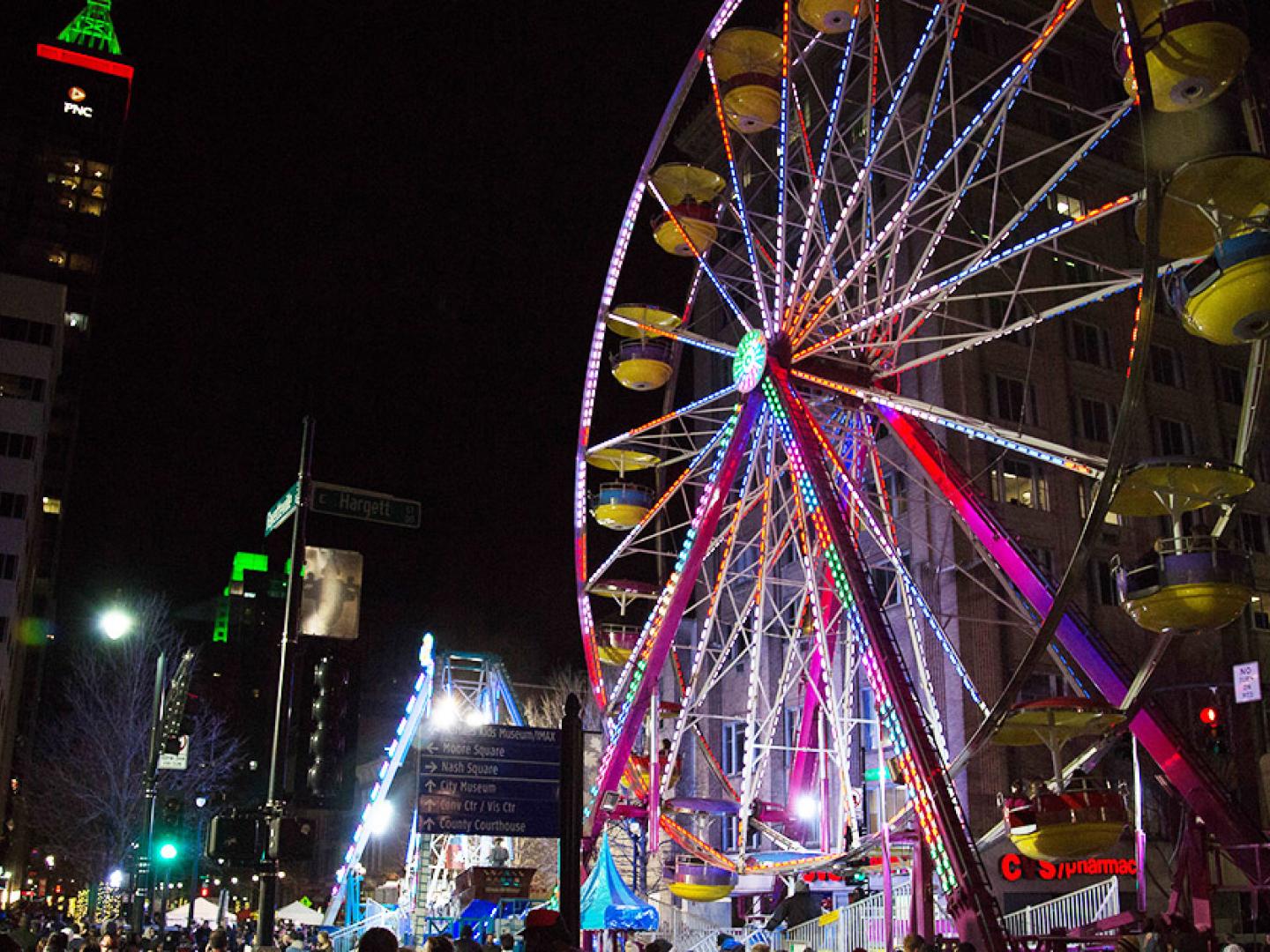 A Ferris wheel downtown during First Night Raleigh A Ferris wheel downtown during First Night Raleigh