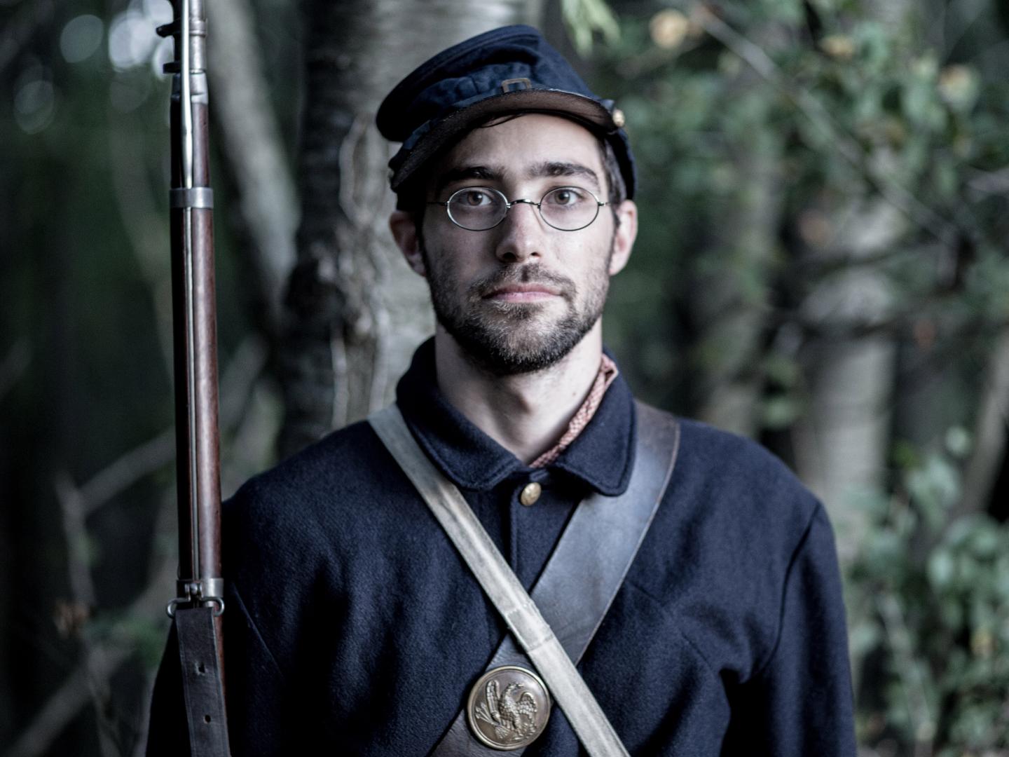 Darsteller im Kostüm bei der Nachstellung des Van Raalte Civil War Muster in Holland, Michigan Darsteller im Kostüm bei der Nachstellung des Van Raalte Civil War Muster in Holland, Michigan