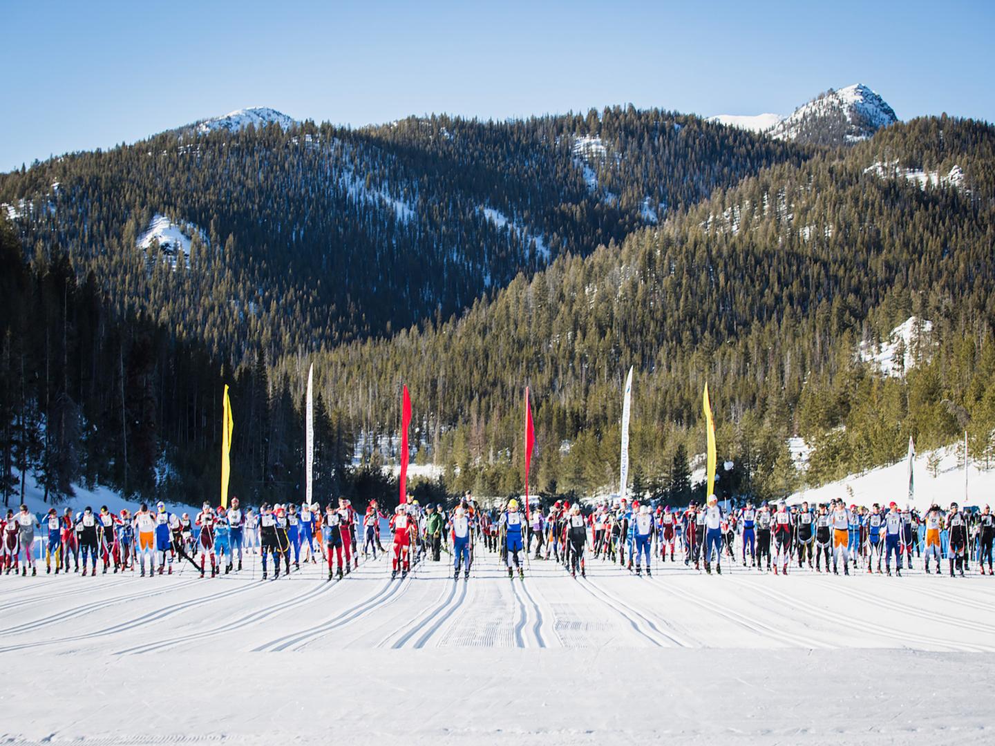 Skiers get ready to compete in the Boulder Mountain Tour in Ketchum, Idaho Skiers get ready to compete in the Boulder Mountain Tour in Ketchum, Idaho
