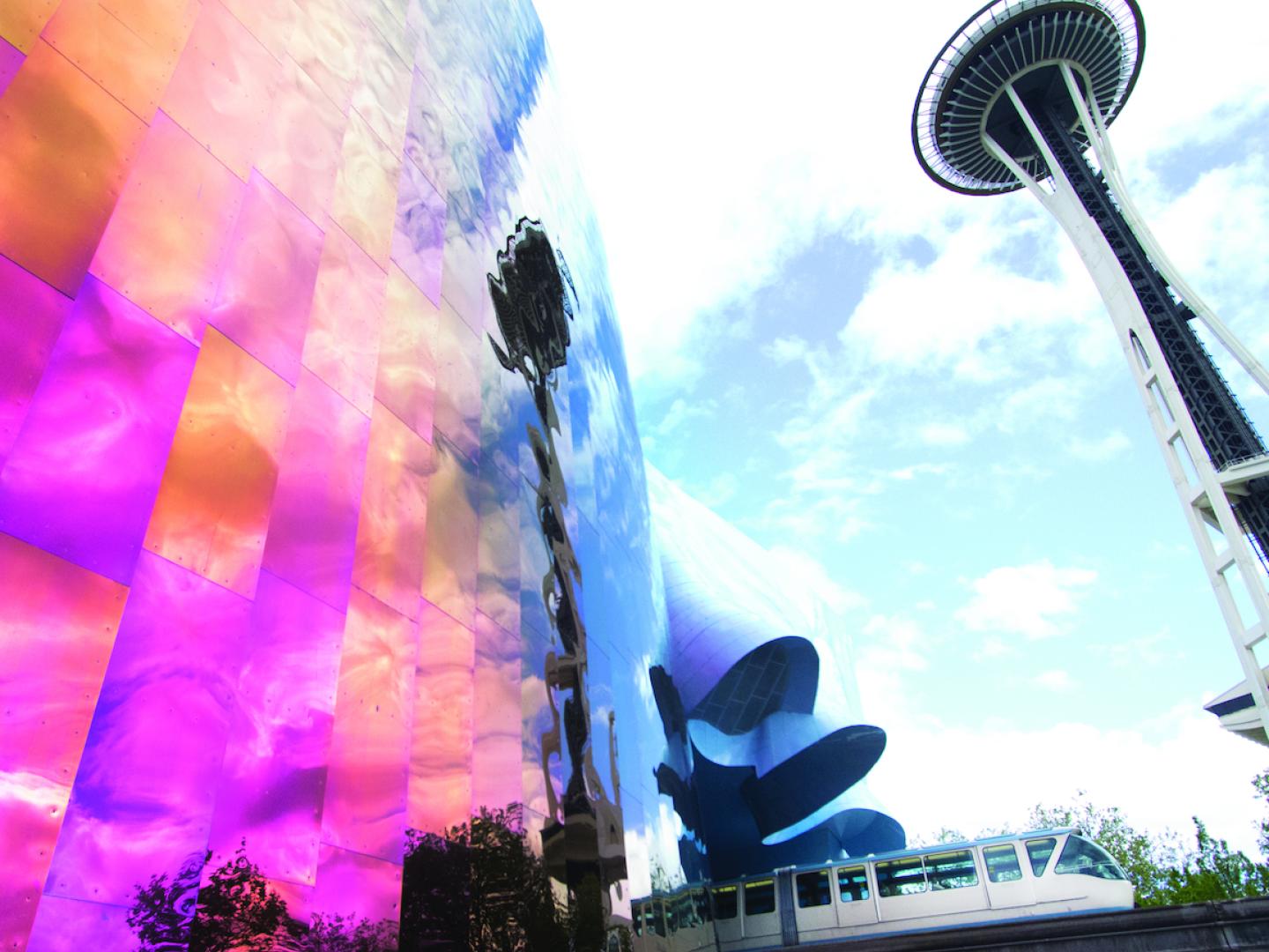 Visitors to the 184-meter flying saucer-shaped tower get a 360-degree view of Seattle. Book a table at the revolving SkyCity Restaurant, and look afar at the Cascade and Olympic mountain ranges. Visitors to the 184-meter flying saucer-shaped tower get a 360-degree view of Seattle. Book a table at the revolving SkyCity Restaurant, and look afar at the Cascade and Olympic mountain ranges.