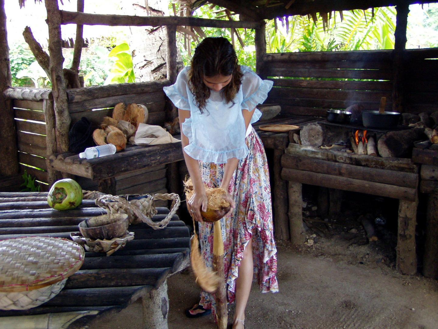 Coconut husking display at Gef Pa’go Cultural Village Coconut husking display at Gef Pa’go Cultural Village