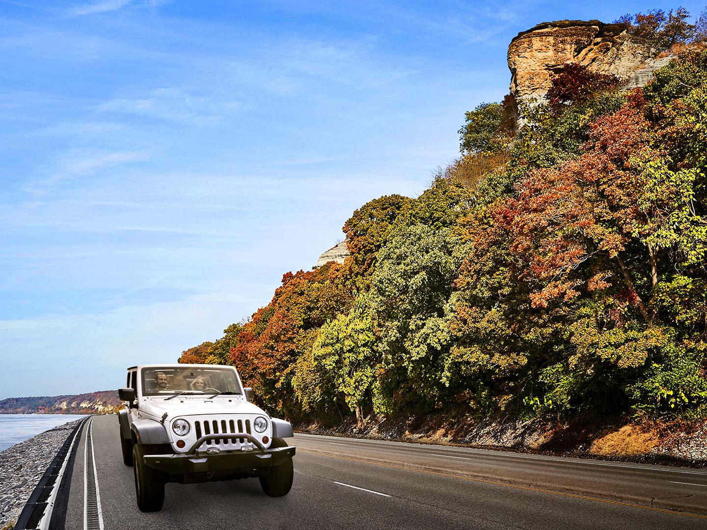 A Jeep driving Illinois' Great River Road A Jeep driving Illinois' Great River Road