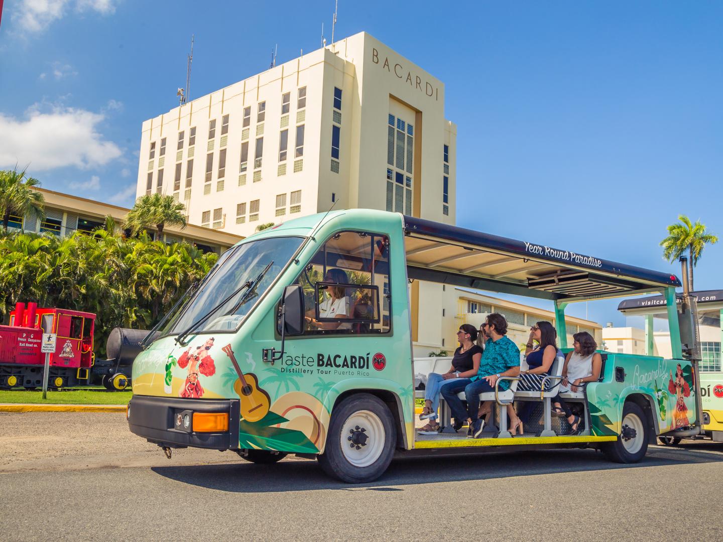 Riding the trolley during the Casa Bacardi tour in Puerto Rico Riding the trolley during the Casa Bacardi tour in Puerto Rico