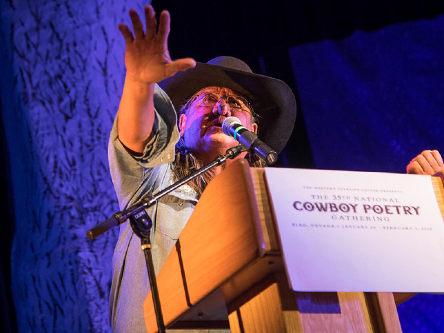 A performer during the National Cowboy Poetry Gathering in Elko, Nevada A performer during the National Cowboy Poetry Gathering in Elko, Nevada