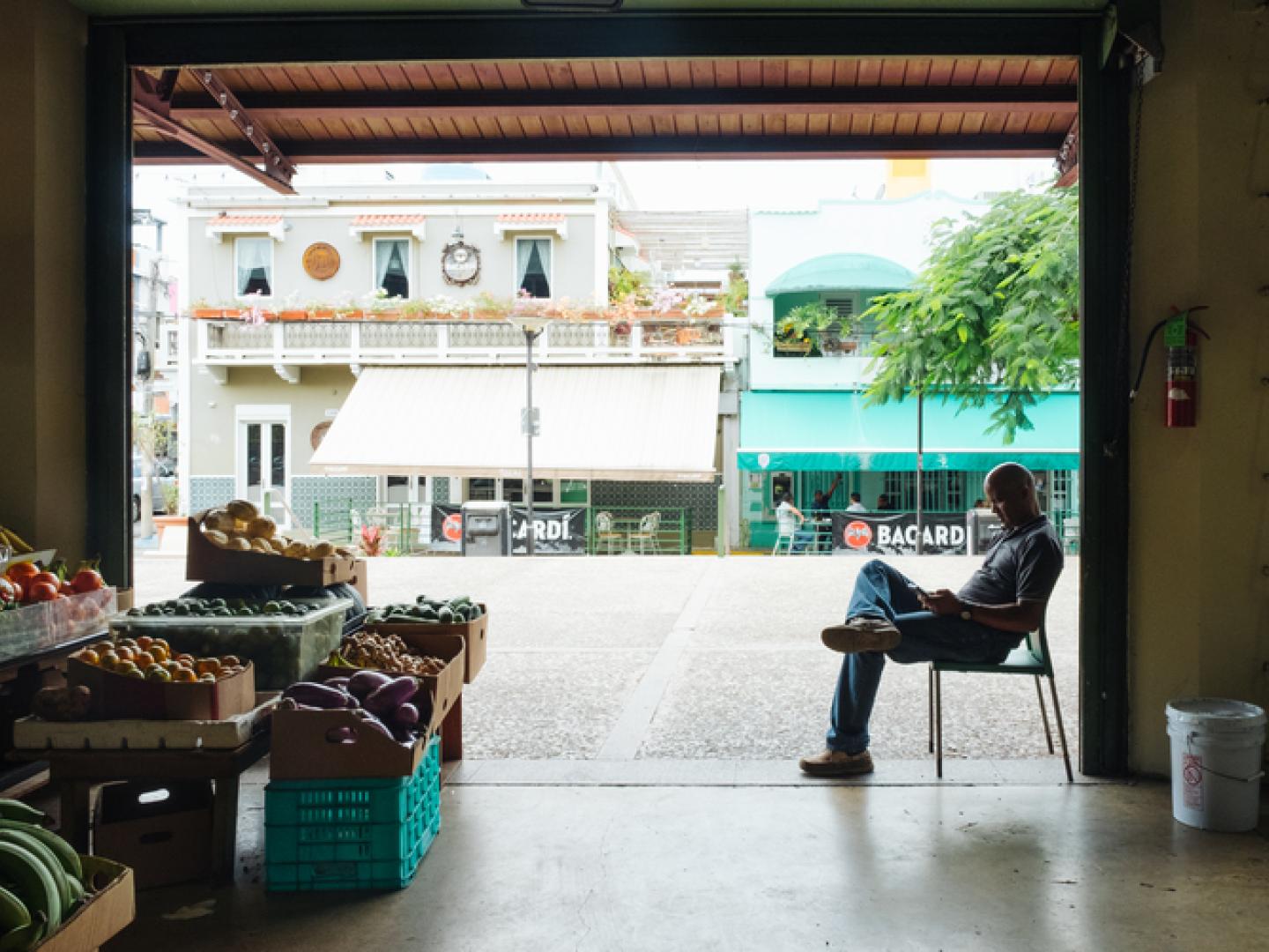 Looking out from the farmers market to the surrounding La Placita de Santurce in Puerto Rico Looking out from the farmers market to the surrounding La Placita de Santurce in Puerto Rico