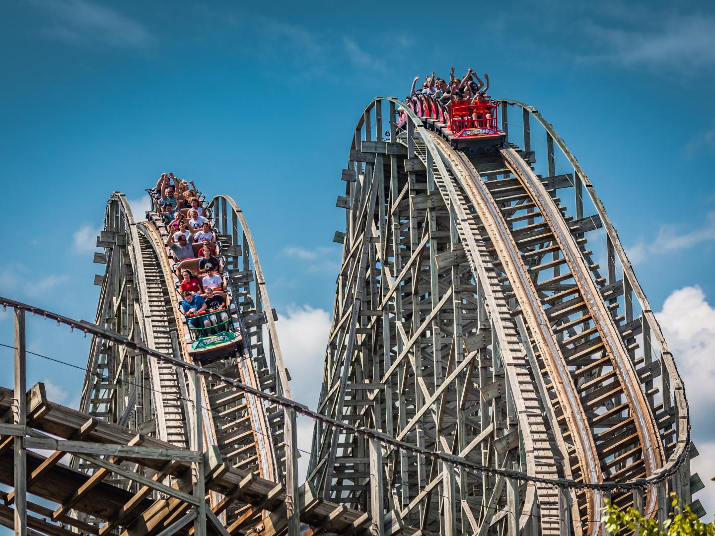 Roller coasters at Hersheypark in Hershey, Pennsylvania Roller coasters at Hersheypark in Hershey, Pennsylvania