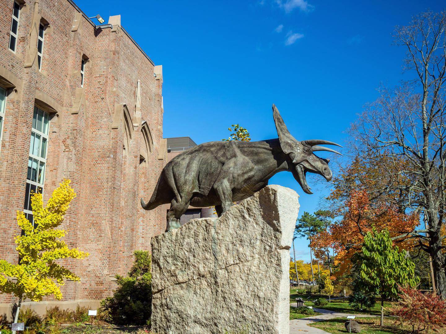 A dinosaur sculpture outside the Peabody Museum of Natural History in New Haven, Connecticut A dinosaur sculpture outside the Peabody Museum of Natural History in New Haven, Connecticut