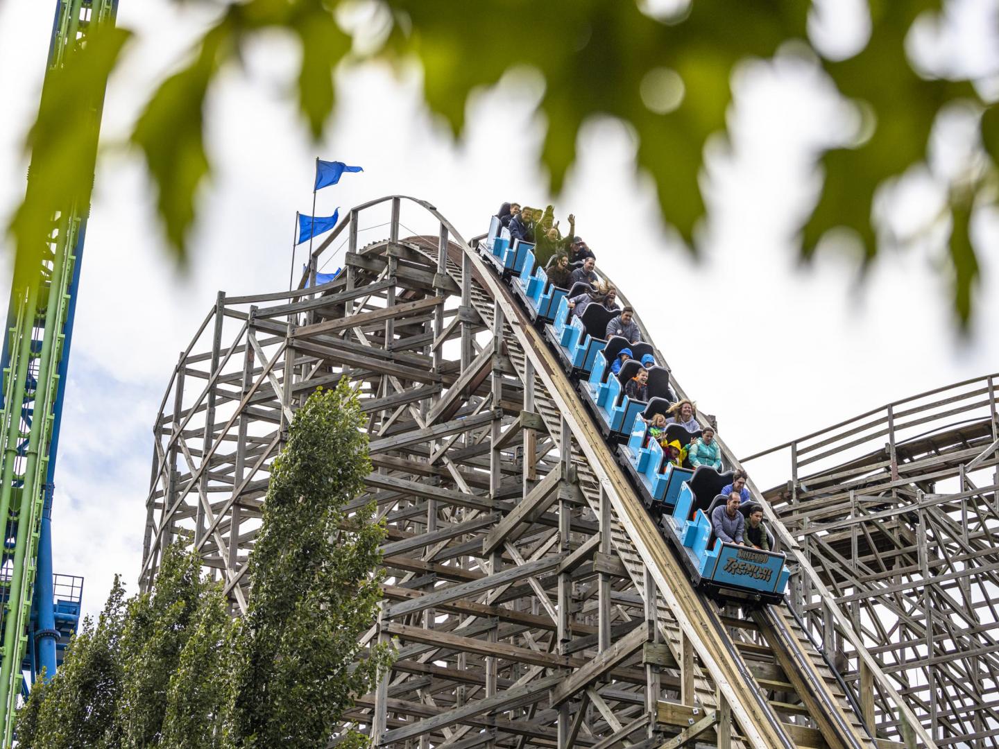 Riding the Tremors wooden roller coaster at Silverwood in Idaho Riding the Tremors wooden roller coaster at Silverwood in Idaho