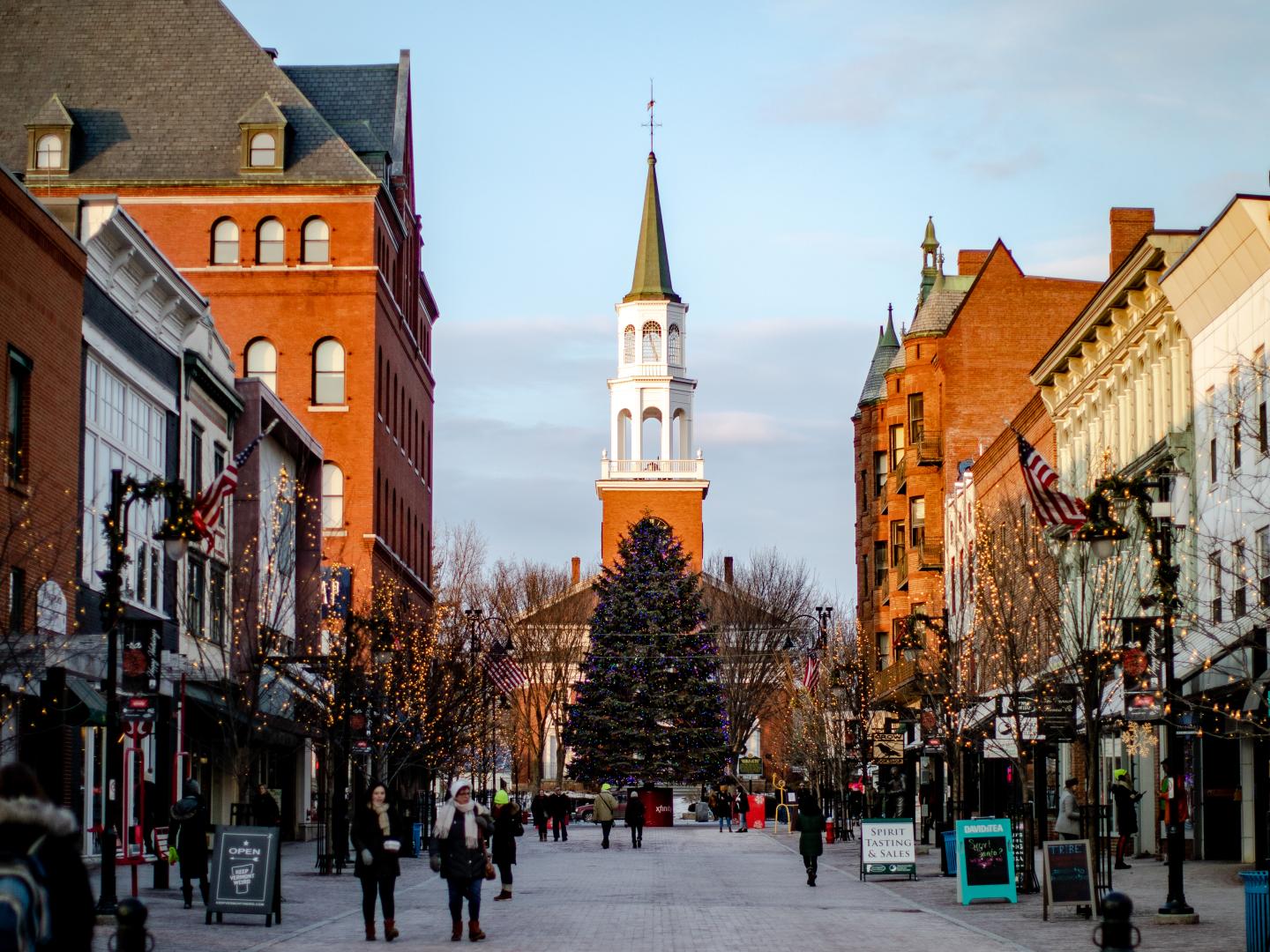 Holiday decorations adorning Church Street Marketplace in Burlington, Vermont Holiday decorations adorning Church Street Marketplace in Burlington, Vermont