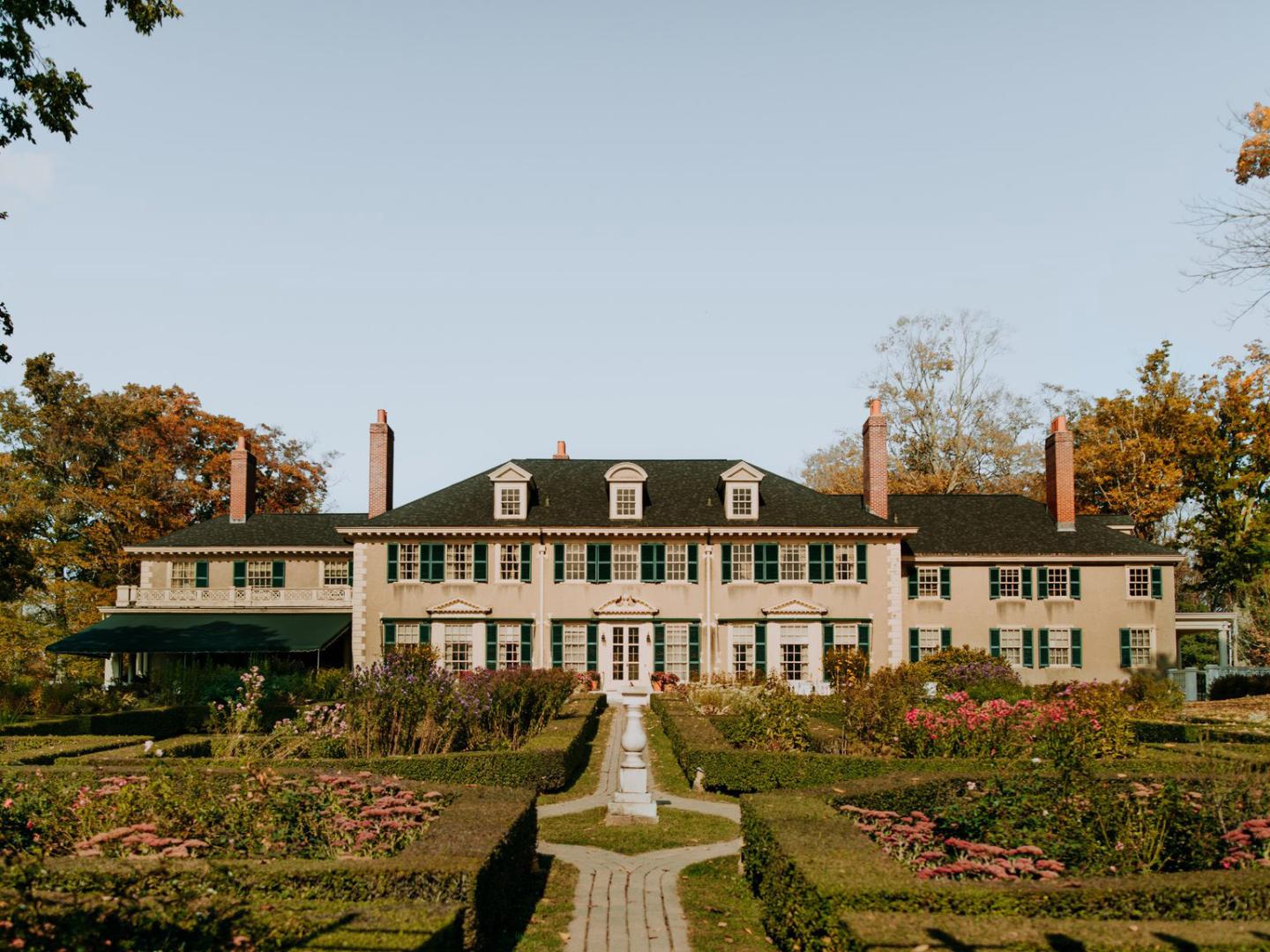 View of Hildene, the Lincoln Family Home, and its gardens in Manchester, Vermont View of Hildene, the Lincoln Family Home, and its gardens in Manchester, Vermont