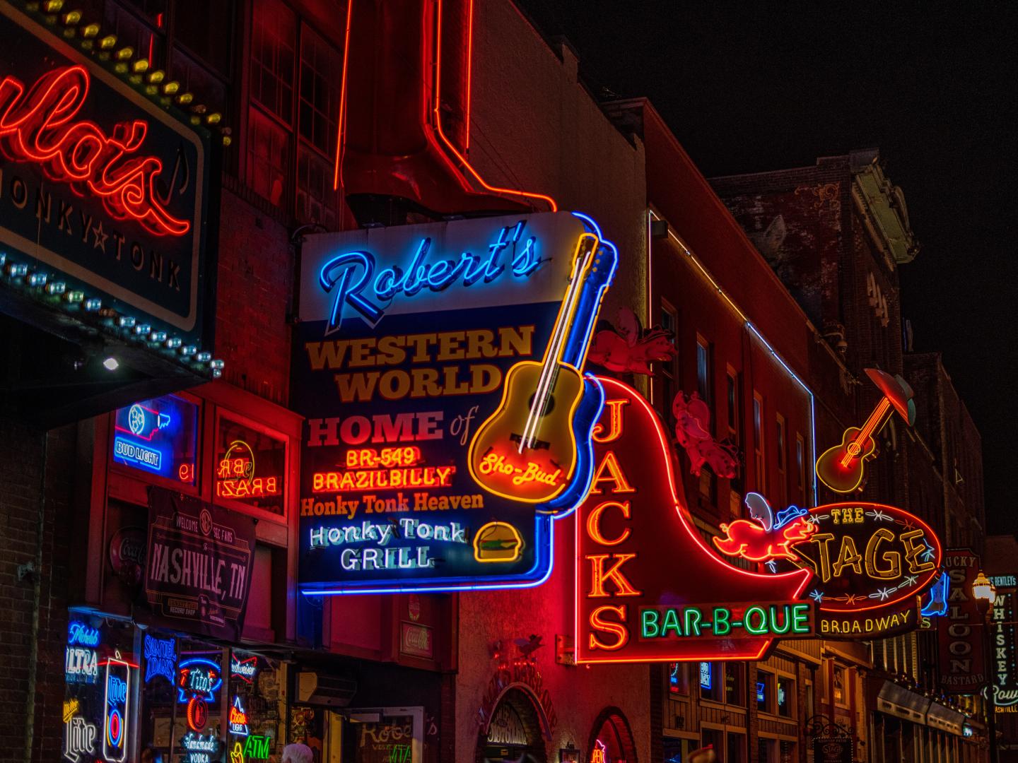 Neon signs light up Lower Broadway in Nashville, Tennessee Neon signs light up Lower Broadway in Nashville, Tennessee