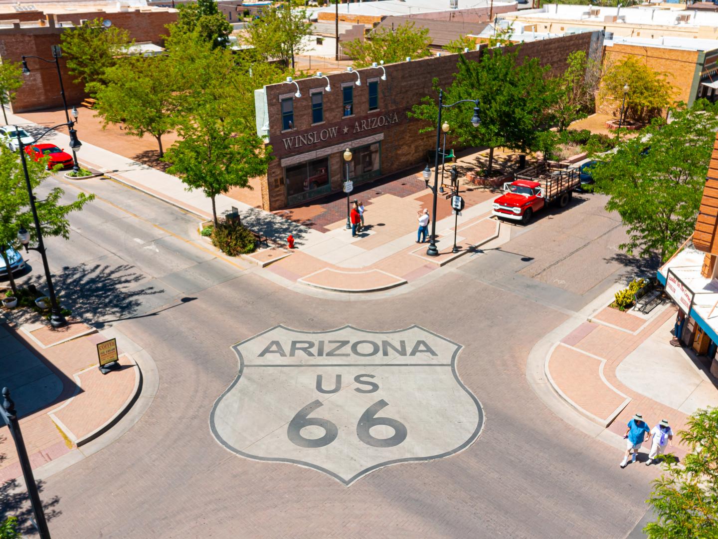 Aerial view of a Route 66 Mural in Winslow, Arizona Aerial view of a Route 66 Mural in Winslow, Arizona