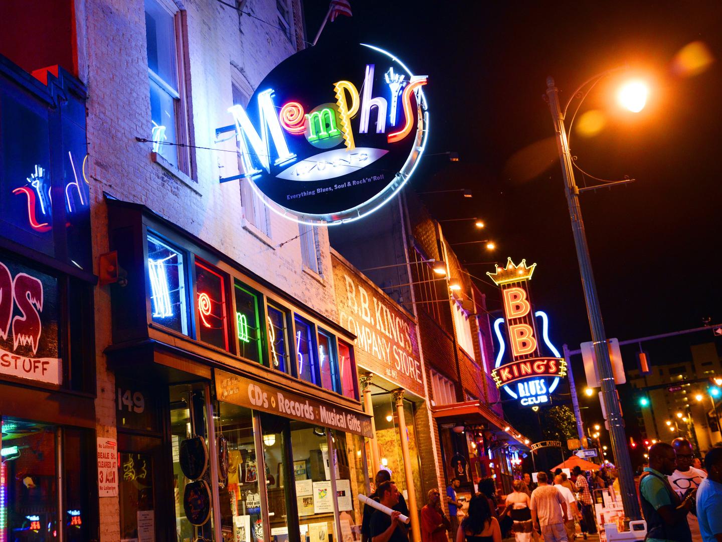 Beale Street in Memphis, Tennesssee, comes alive with live music and neon displays at night Beale Street in Memphis, Tennesssee, comes alive with live music and neon displays at night