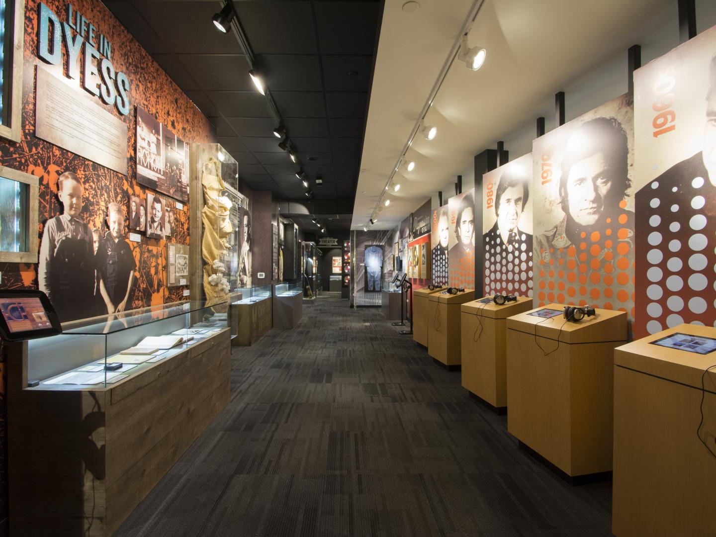 Johnny Cash throughout the decades exhibit at the Johnny Cash Museum in Nashville, Tennessee Johnny Cash throughout the decades exhibit at the Johnny Cash Museum in Nashville, Tennessee
