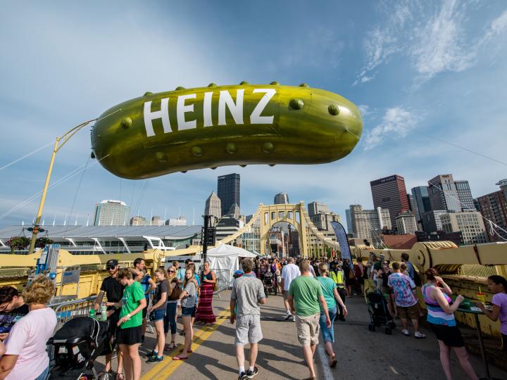 A giant pickle float at Picklesburgh, a celebration of pickled foods in Pittsburgh, Pennsylvania A giant pickle float at Picklesburgh, a celebration of pickled foods in Pittsburgh, Pennsylvania