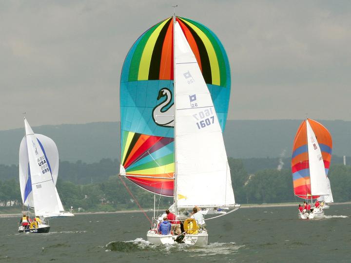 Sailboats compete in the Mayor’s Cup Festival and Regatta in Plattsburgh, New York